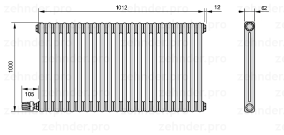 Схема (чертеж) Радиатор Zehnder Charleston 2100/22 №V003 Белый глянцевый RAL 9016
